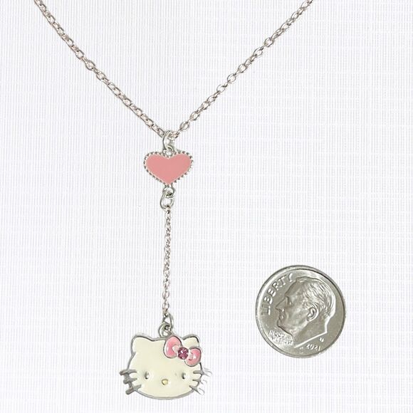 Hello Kitty Avon Necklace Pink Silver Tone Y Lariat Cat Pendant Heart Charm NRT - Picture 4 of 6